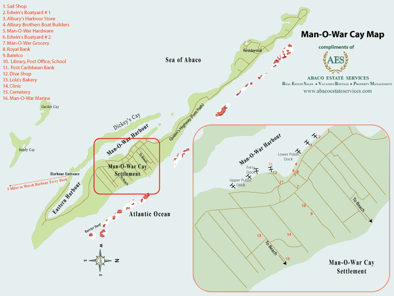 Map of Man-O-War Cay in Abaco Bahamas
